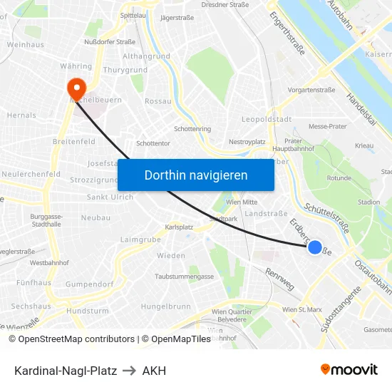 Kardinal-Nagl-Platz to AKH map