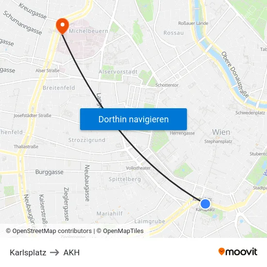 Karlsplatz to AKH map