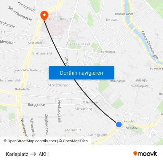 Karlsplatz to AKH map
