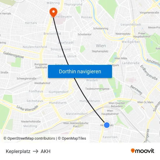 Keplerplatz to AKH map