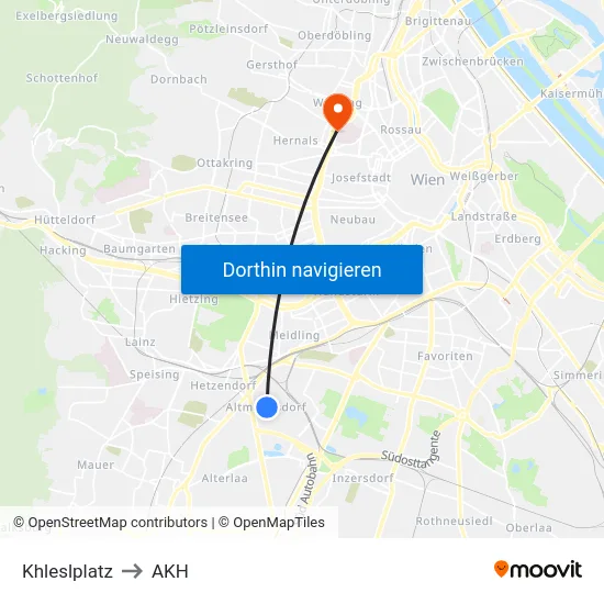 Khleslplatz to AKH map