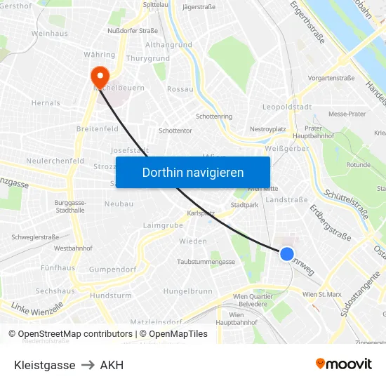 Kleistgasse to AKH map