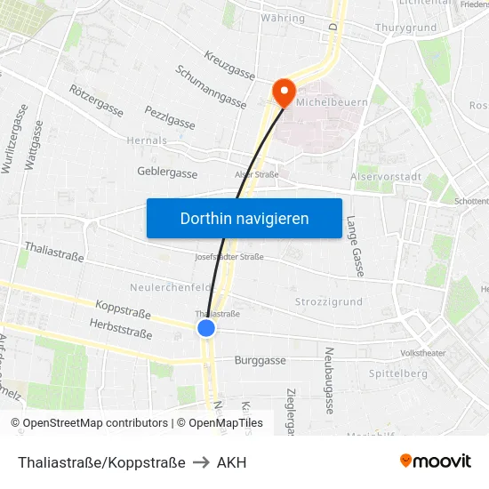 Thaliastraße/Koppstraße to AKH map