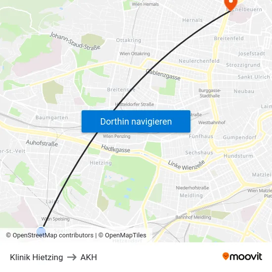 Klinik Hietzing to AKH map