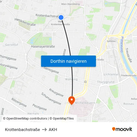 Krottenbachstraße to AKH map