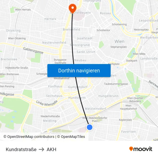 Kundratstraße to AKH map