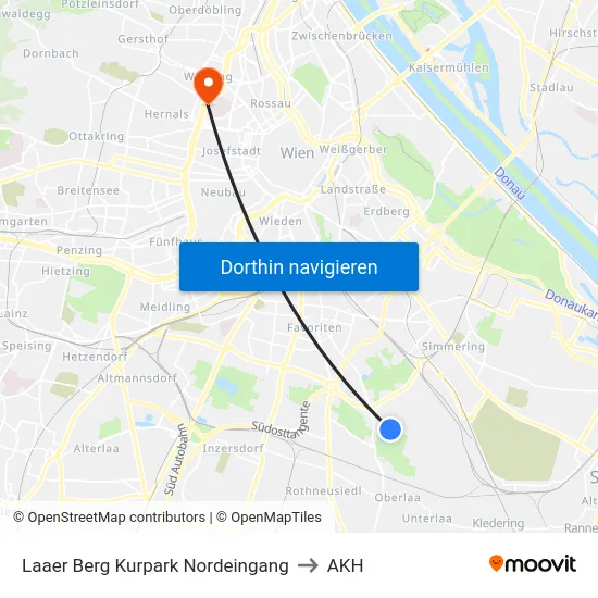 Laaer Berg Kurpark Nordeingang to AKH map