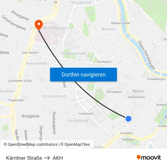 Kärntner Straße to AKH map