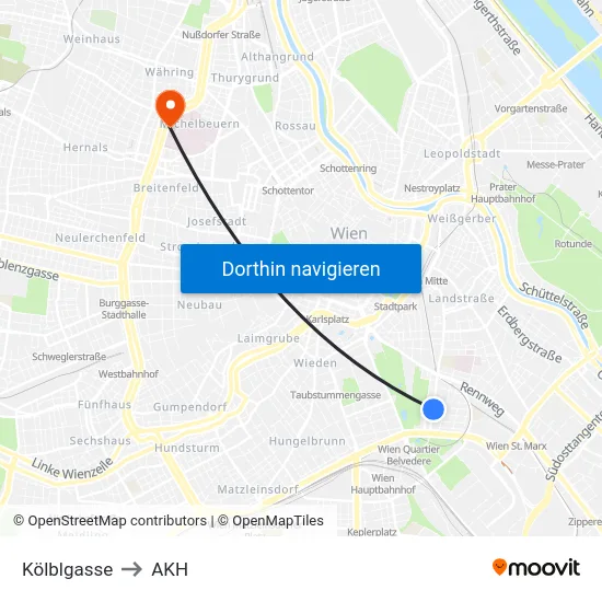 Kölblgasse to AKH map
