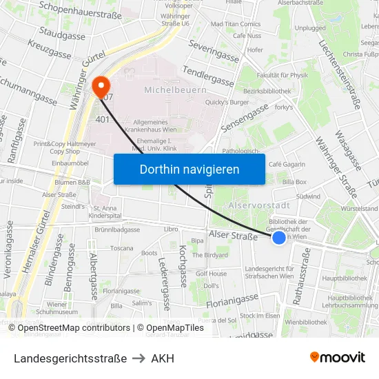 Landesgerichtsstraße to AKH map