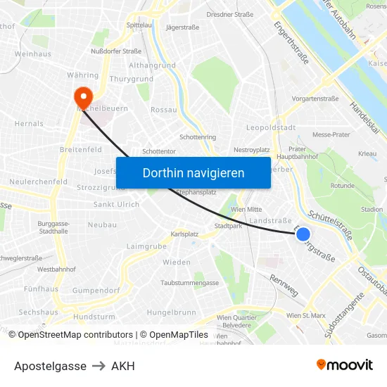 Apostelgasse to AKH map