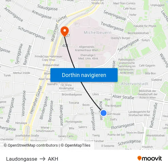 Laudongasse to AKH map
