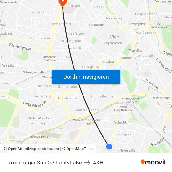 Laxenburger Straße/Troststraße to AKH map