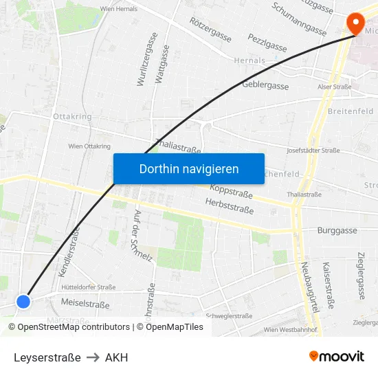 Leyserstraße to AKH map