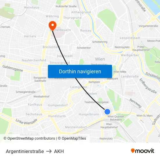 Argentinierstraße to AKH map