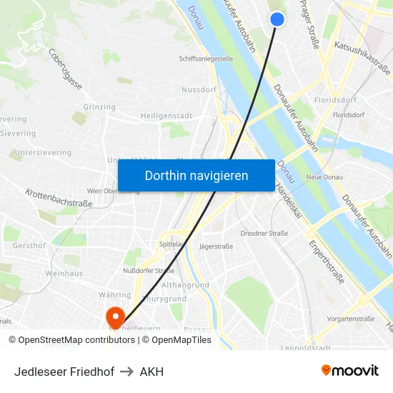 Jedleseer Friedhof to AKH map