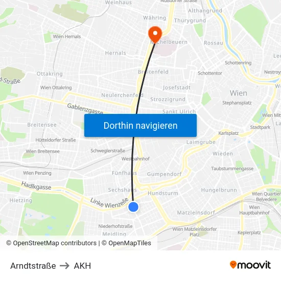 Arndtstraße to AKH map