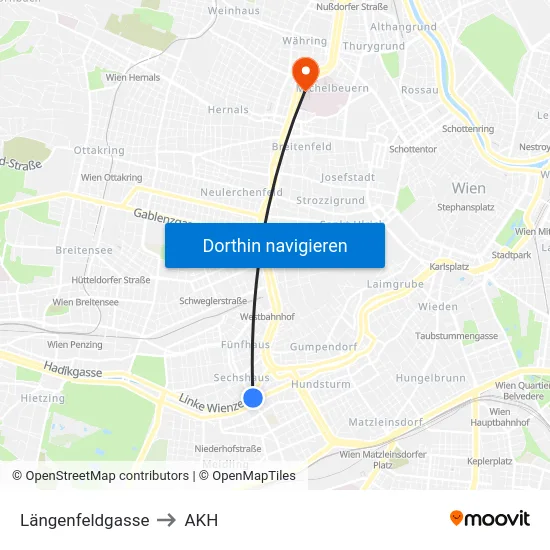 Längenfeldgasse to AKH map