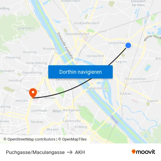 Puchgasse/Maculangasse to AKH map