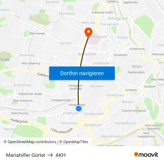 Mariahilfer Gürtel to AKH map