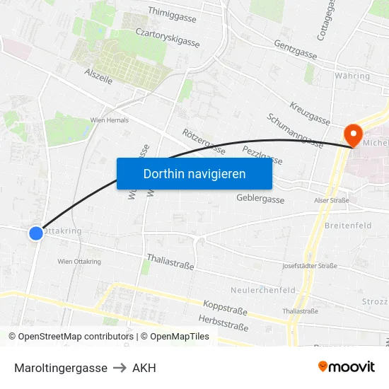 Maroltingergasse to AKH map