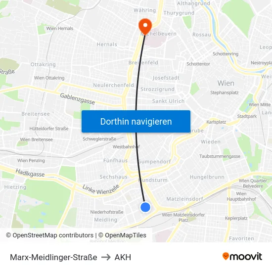 Marx-Meidlinger-Straße to AKH map
