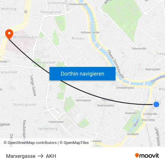 Marxergasse to AKH map