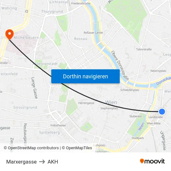 Marxergasse to AKH map