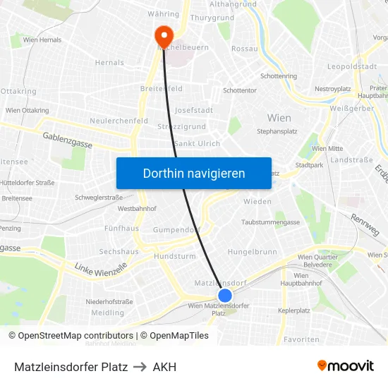 Matzleinsdorfer Platz to AKH map