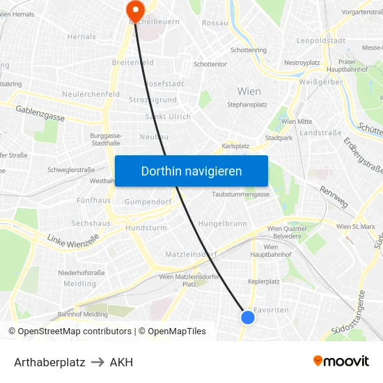 Arthaberplatz to AKH map