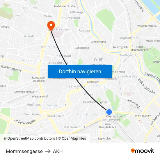 Mommsengasse to AKH map