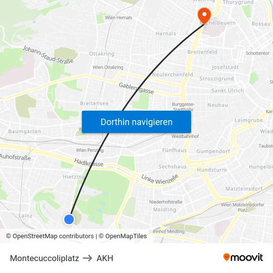 Montecuccoliplatz to AKH map