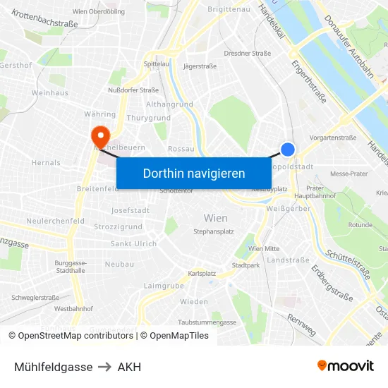 Mühlfeldgasse to AKH map