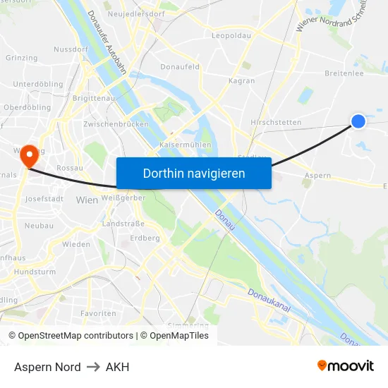 Aspern Nord to AKH map