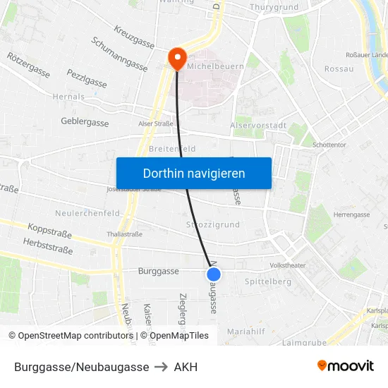 Burggasse/Neubaugasse to AKH map