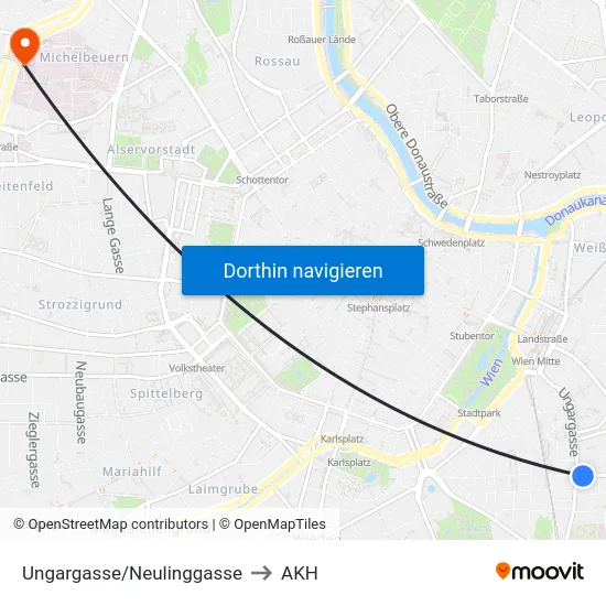 Ungargasse/Neulinggasse to AKH map