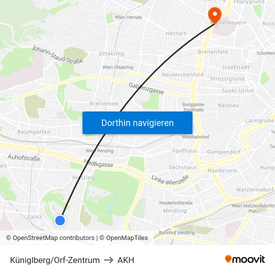 Küniglberg/Orf-Zentrum to AKH map
