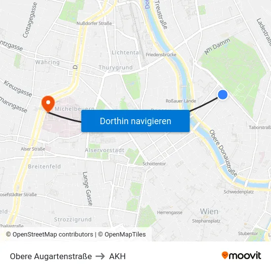 Obere Augartenstraße to AKH map