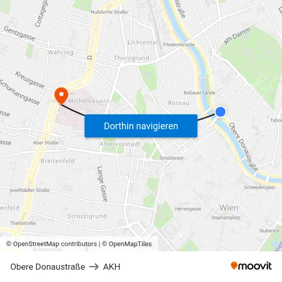 Obere Donaustraße to AKH map