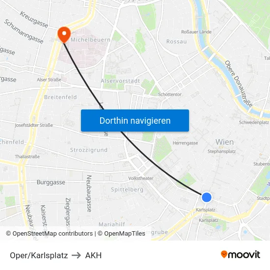 Oper/Karlsplatz to AKH map