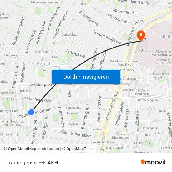 Frauengasse to AKH map