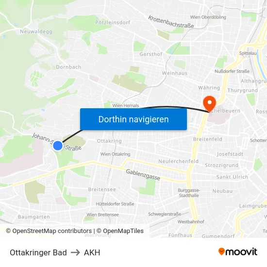 Ottakringer Bad to AKH map