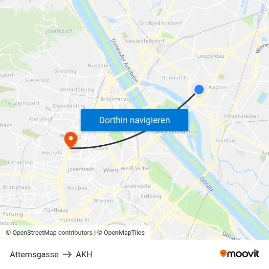 Attemsgasse to AKH map