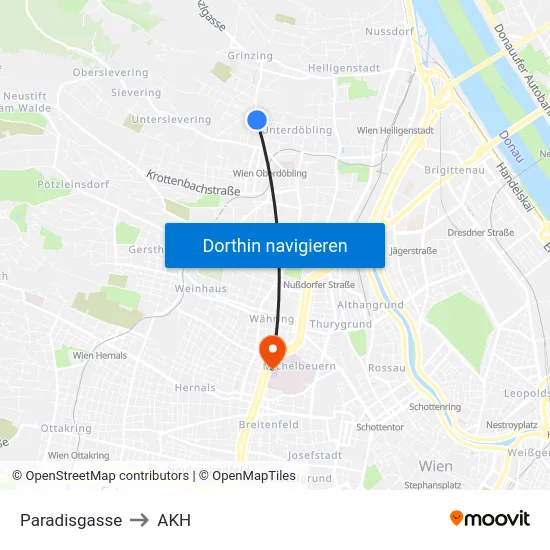 Paradisgasse to AKH map