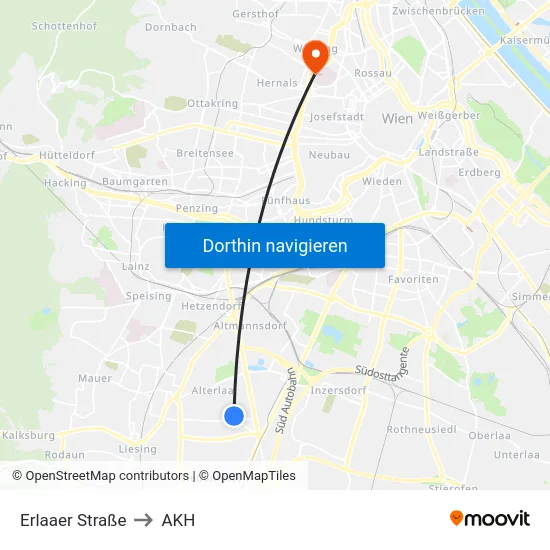 Erlaaer Straße to AKH map
