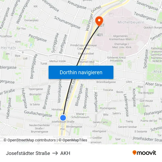 Josefstädter Straße to AKH map