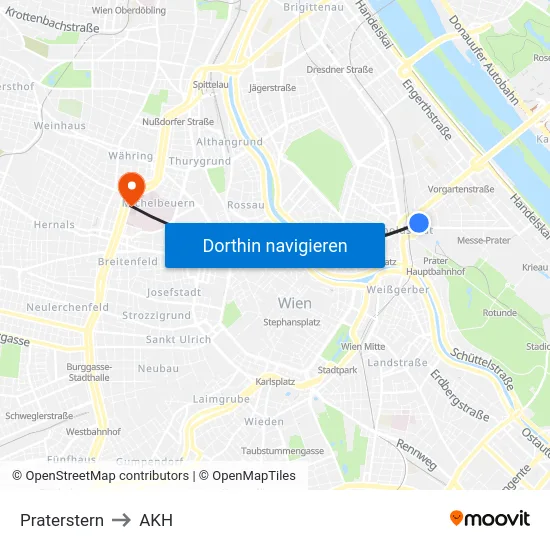 Praterstern to AKH map