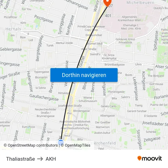Thaliastraße to AKH map