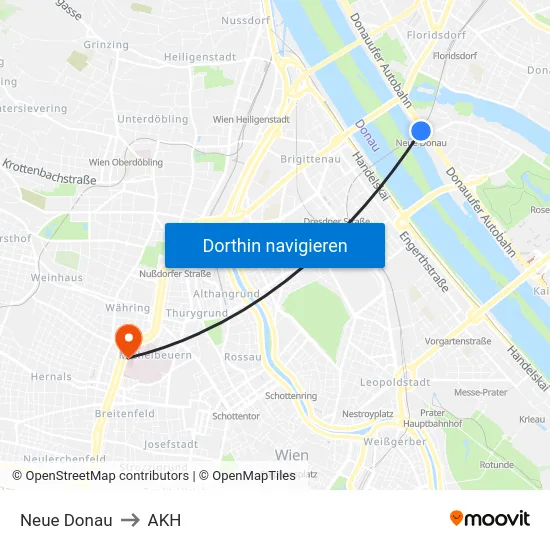 Neue Donau to AKH map