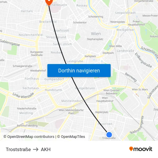 Troststraße to AKH map
